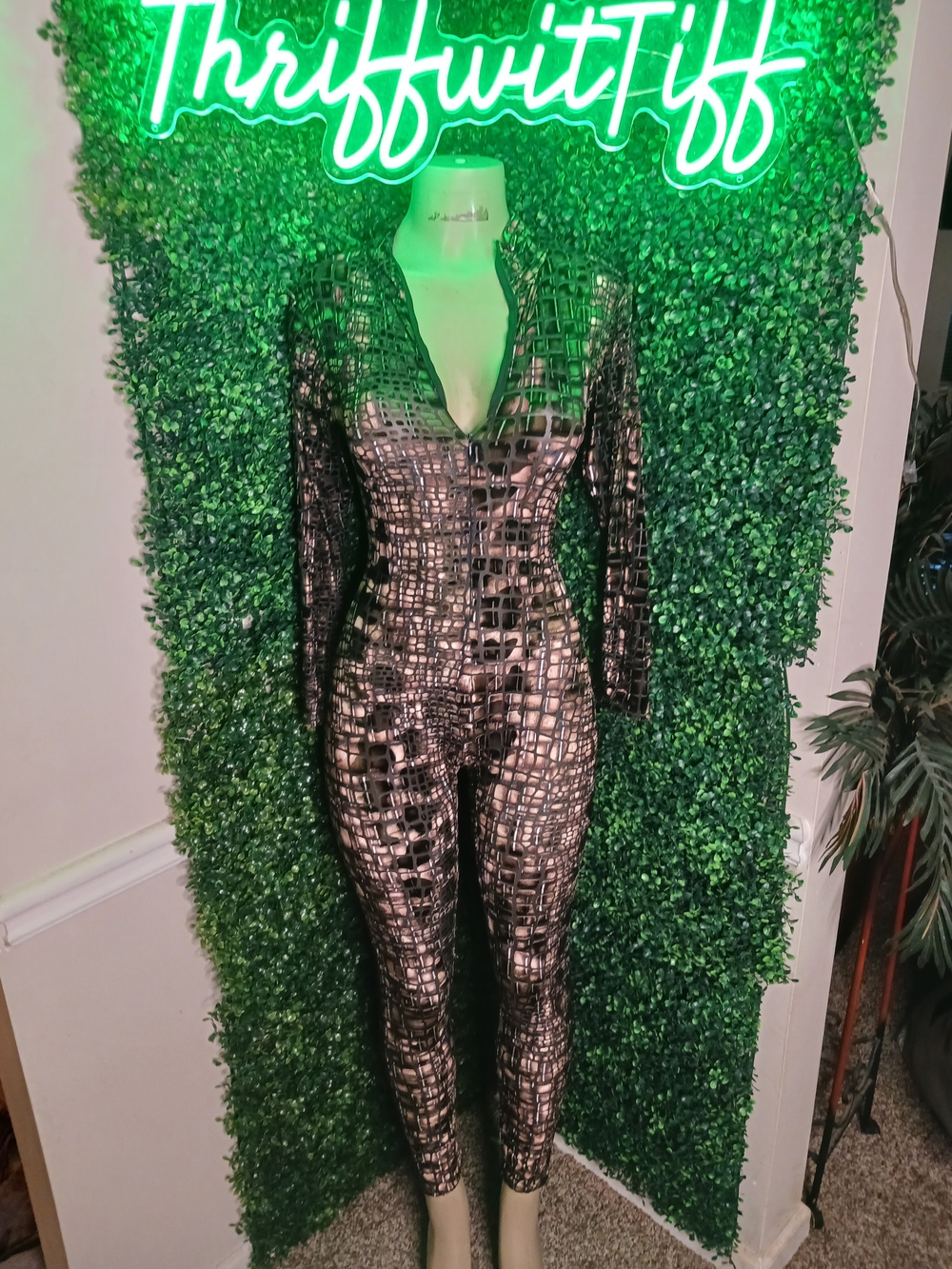 Black Metallic Grid-Print Jumpsuit - Women